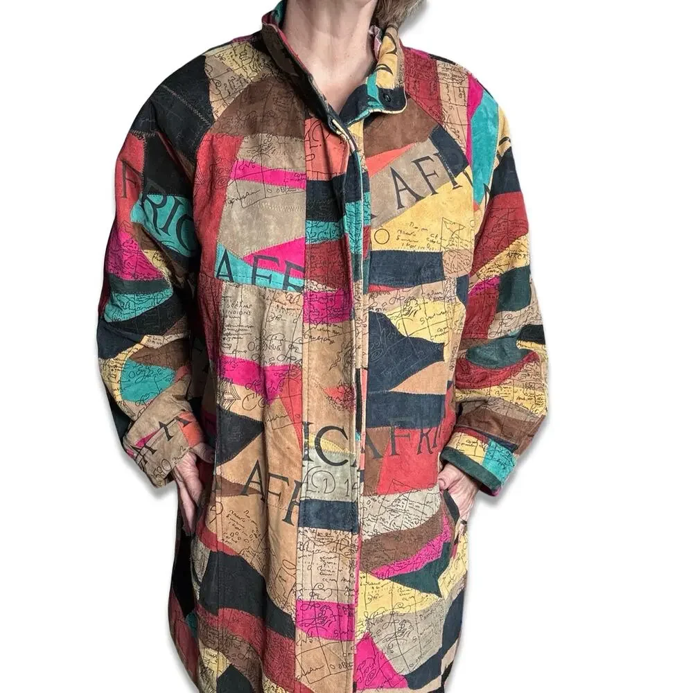 Vintage African Star Suede Leather Coat Map Print Oversized Long Jacket Boho - Picture 15 of 15